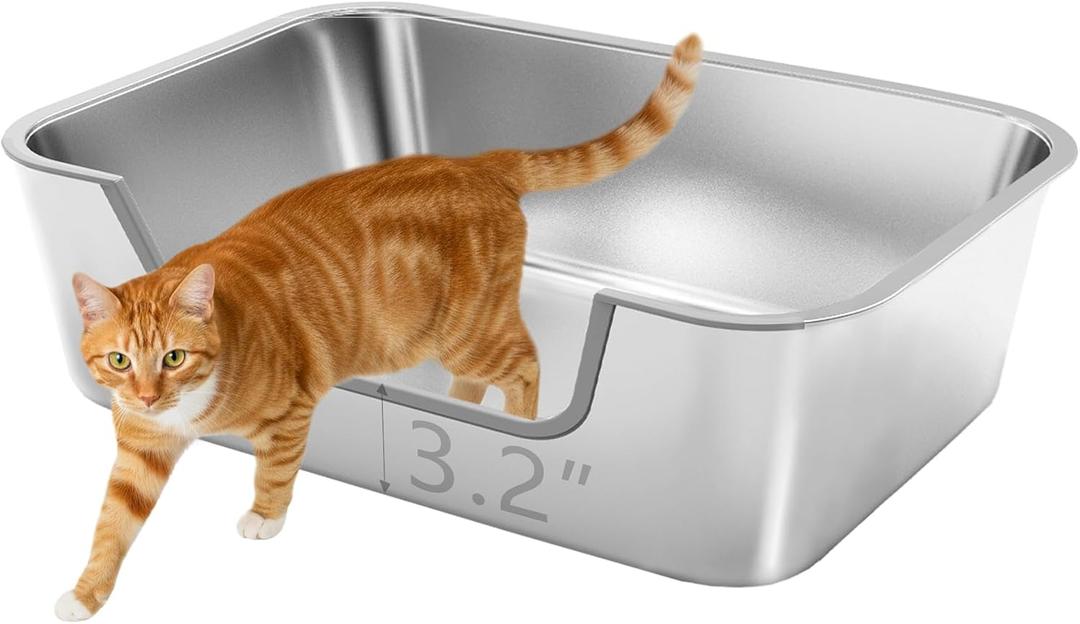 Low Entry Stainless Steel Litter Box for Senior Cats, Metal Large Litter Boxes, XL Extra Cat Litter Pan for Injured Cat & Big Cats, Easy to Clean, Non-Stick, Odor-Free, 19.7" L13.8" W5.9" H