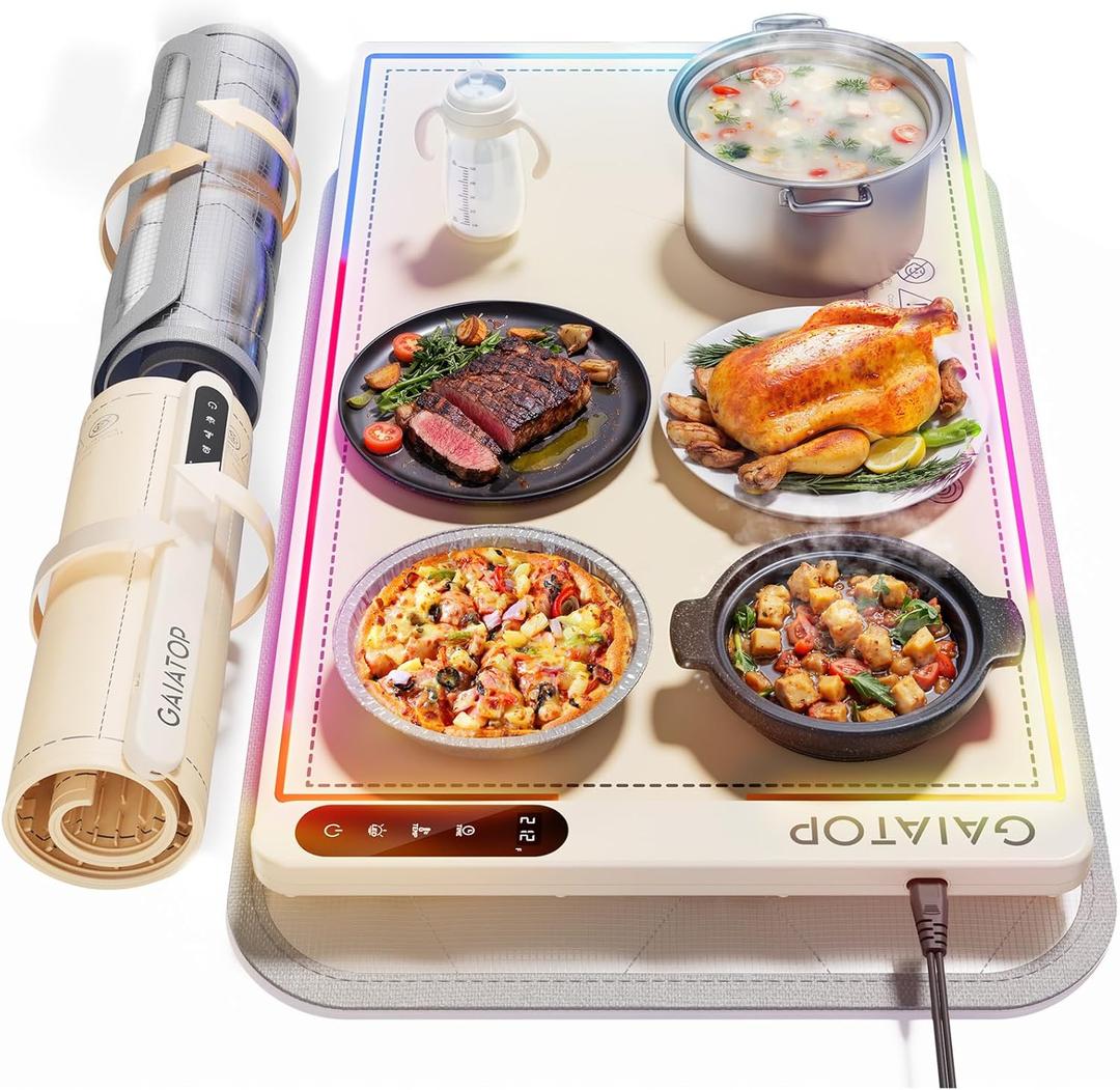 Gaiatop Warming Mat for Food with Trivet & Light, Food Warming Mats for Countertop, 6 Temp Level, 6 Timer Settings, Full-Surface Fast Heating, Portable Silicone Food Warmer for Parties Buffet (Cream)