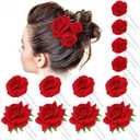 BBTO 12 Pcs Rose Hair Clip Mexican Hair Accessories for Flamenco Dancer Women Mexican Flowers Bridal Flower Clips for Wedding Dance Birthday Bridesmaid (Red)