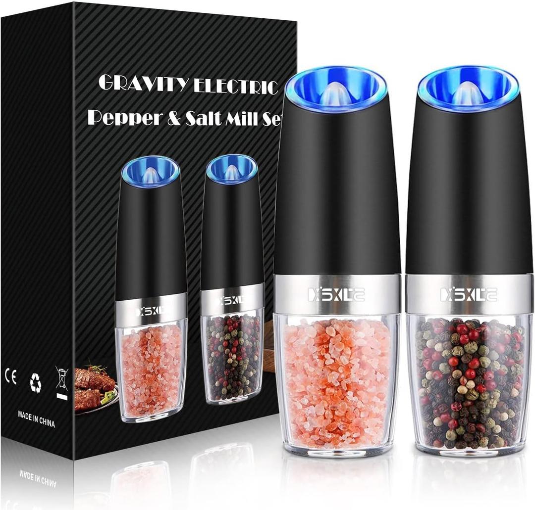 Sweet Alice Gravity Electric Pepper and Salt Grinder Set, Adjustable Coarseness, Battery Powered with LED Light, One Hand Automatic Operation, Stainless Steel Black, 2 Pack (2.5*2.5*7.9inch)
