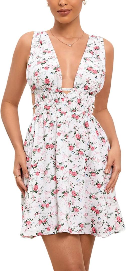 Floerns Women's Cut Out Backless Sleeveless Shirred Floral A Line Short Dress (White, Small)