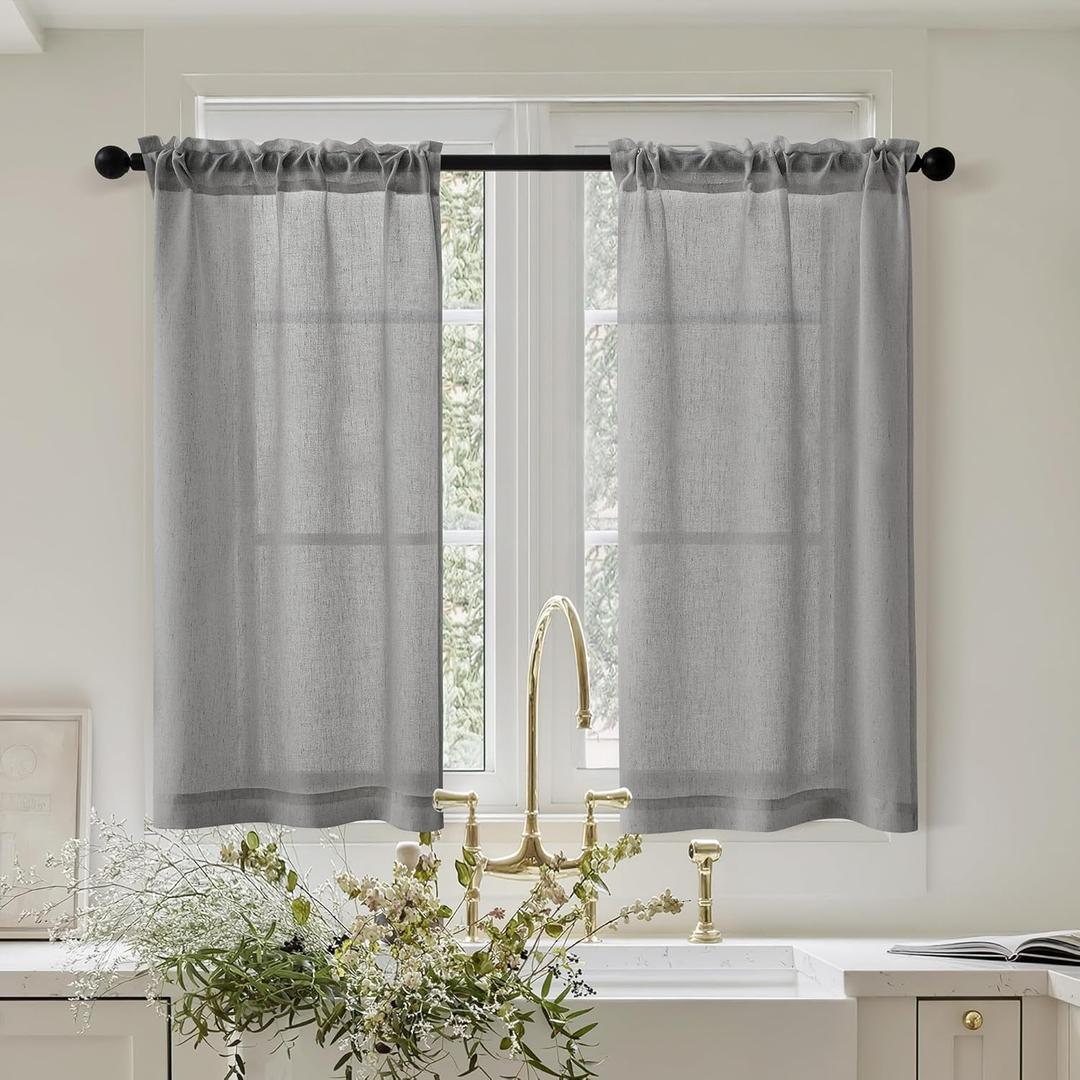 Light Grey Linen Half Kitchen Curtains 36 Inch Length Sets of 2 Rod Pocket Boho Cafe Short Gray Drapes for Windows Semi Sheer Light Filtering Curtains for Bathroom Basement RV Camper Laundry 26x36