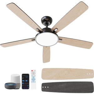 TALOYA 52 Inch Black Walnut Smart Ceiling Fans with Lights Led Remote Control Flush Mount Low Profile for Bedroom Living Dining Room Outdoor Patio,Reversible,DC Motor,3 Color Temperatures,5 Blades