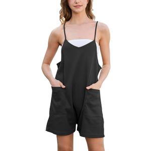 Rompers for Women Summer Casual Waffle Knit Sleeveless Romper Spaghetti Strap Shorts Overalls Jumpsuit with Pockets (Small, Black)