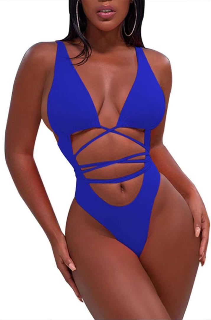 Sovoyontee 2026 Women's Sexy Cheeky One Piece Swimsuits High Cut Thong Bikini Bathing Suit Monokini (Blue, L)