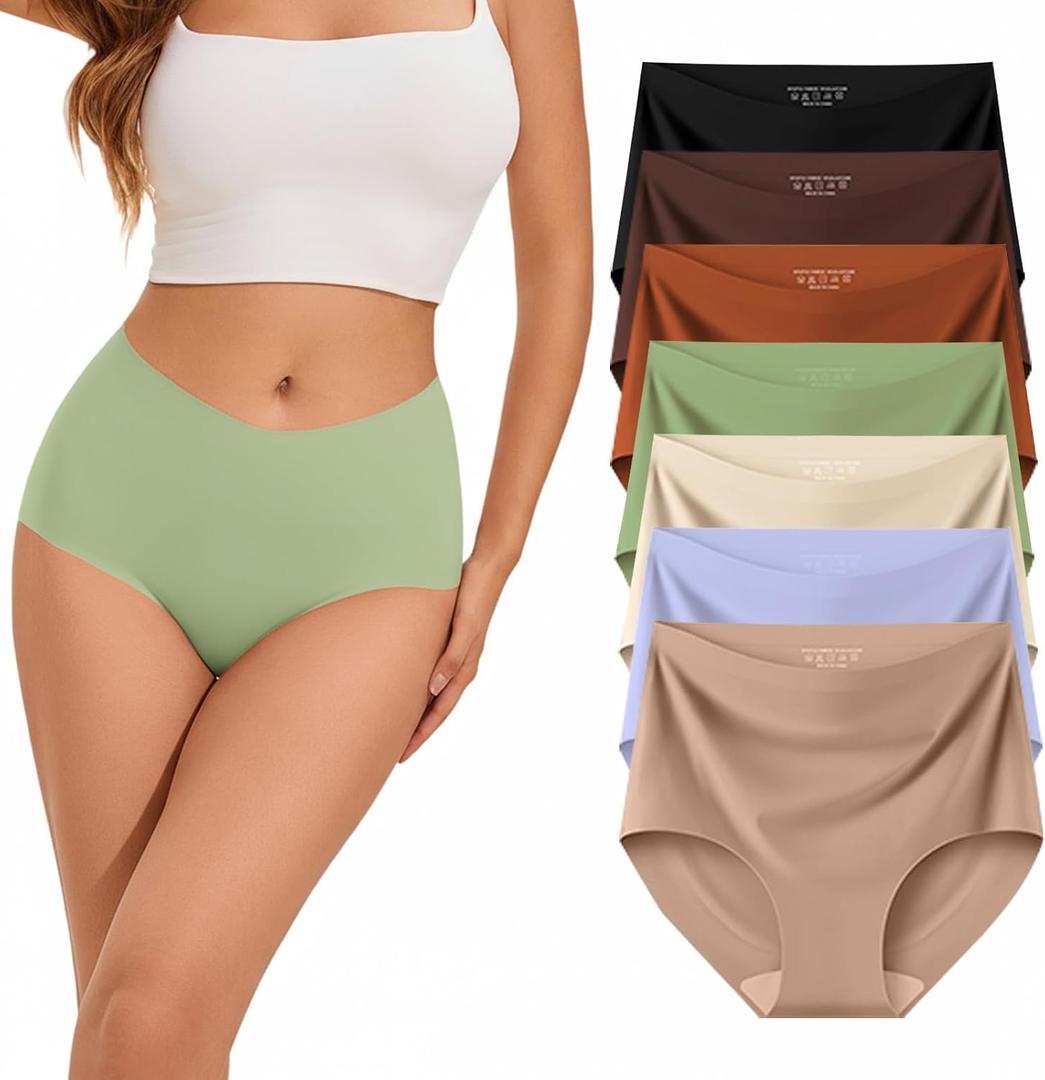 Womens Underwear High Waist Tagless 7 Pack Panties Seamless Full Coverage Briefs Silky Stretch, Green/Orange/Marron/Nude/Coffee Brown/Purple/Black, XX-Large