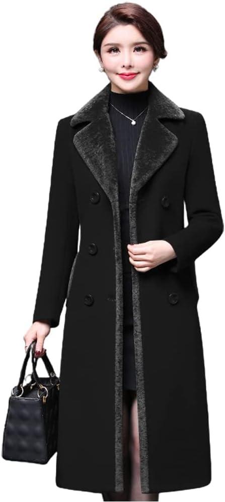 IDEALSANXUN Fur Collar Wool Coats for Women Double Breasted Long Peacoat Jackets (XX-Large, Black)