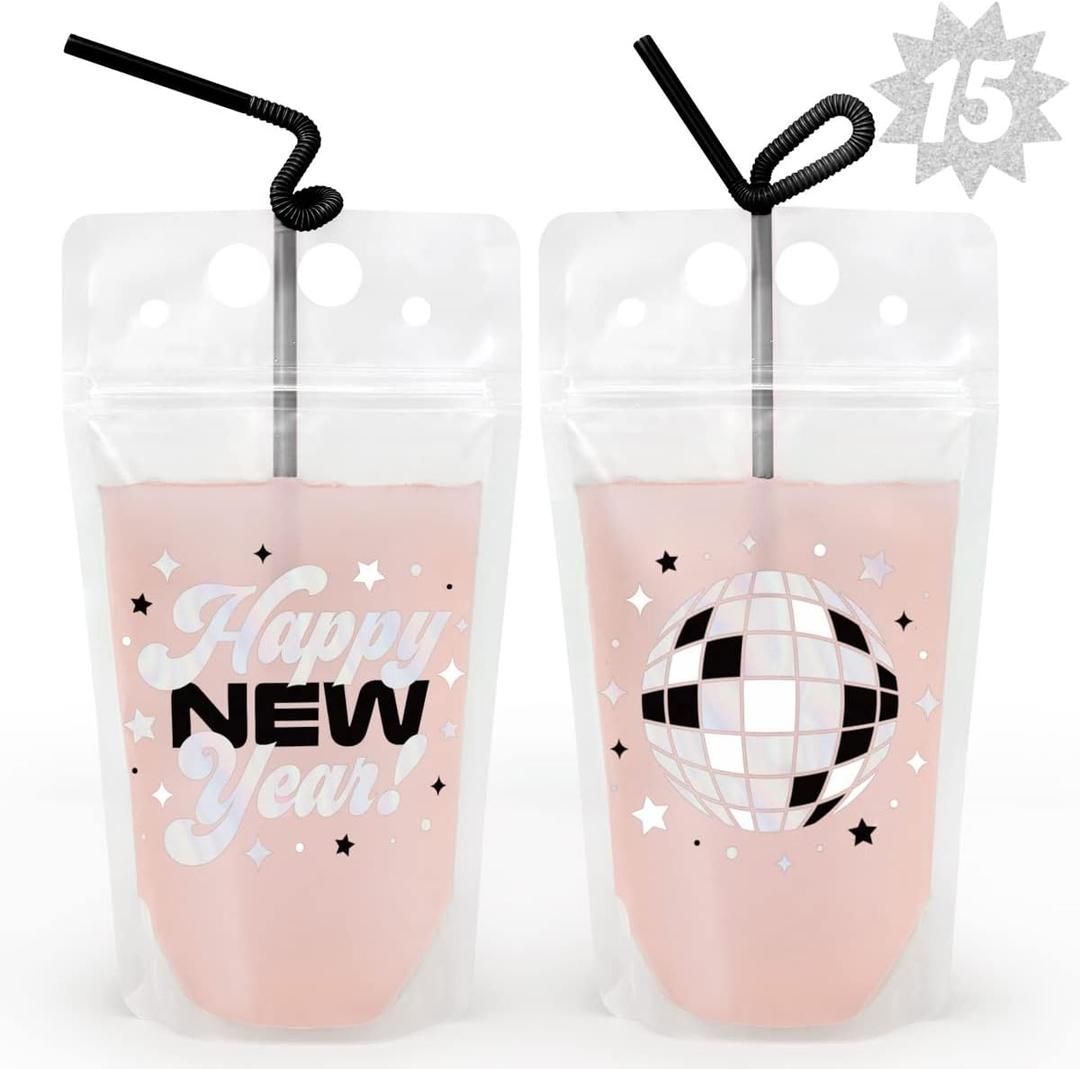 xo, Fetti New Years Eve Party Drink Pouches - 15 pcs | NYE Party Favors, Happy New Year Decorations, NYE 2023 Cups Decor