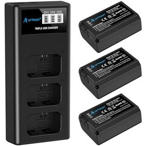 Artman NP-FW50 Battery 3-Pack and Upgraded 3-Slot ZV-E10 Battery LCD Charger for Sony ZV E10, Alpha A6500 A6400 A6300 A6000 A5100 A5000, A7S II, A7S, A7R II, A7R, A7 II, A7, RX10 II III IV Cameras