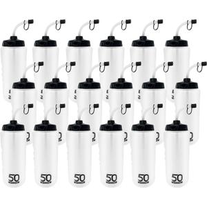 50 Strong 1 Liter Water Bottle with Straw 18-Pack Easy-Squeeze Sports Bottles with Long Straw & Built-In Finger Grip BPA-Free & Made in USA Ideal for Hockey & Team Sports