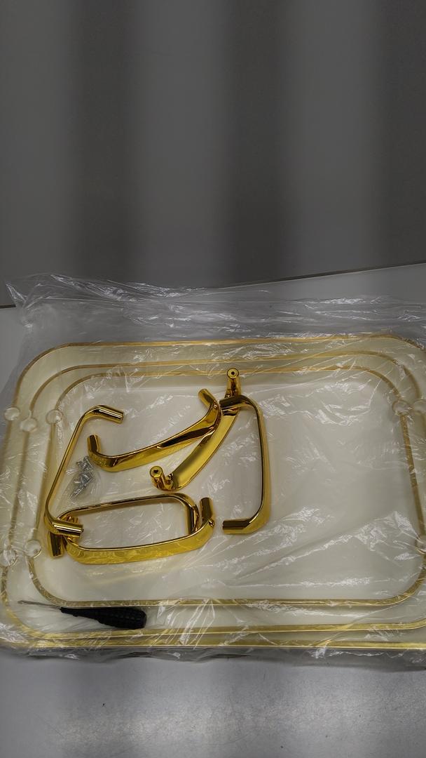 3 Pack Serving Tray with Handles, Stackable Reusable Trays for Serving Food, Plastic Serving Platters for Party, Charcuterie, Fruit, Appetizer, Cream Gold