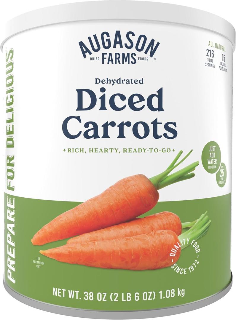 Augason Farms Dehydrated Diced Carrots Emergency Food Supply, 216 Servings, 25 Year Shelf Life, Great for Cooking, Baking, and Snacks - Dehydrated Meals, Survival Food Camping Essentials Can, 38 oz (EXP 07/07/36)