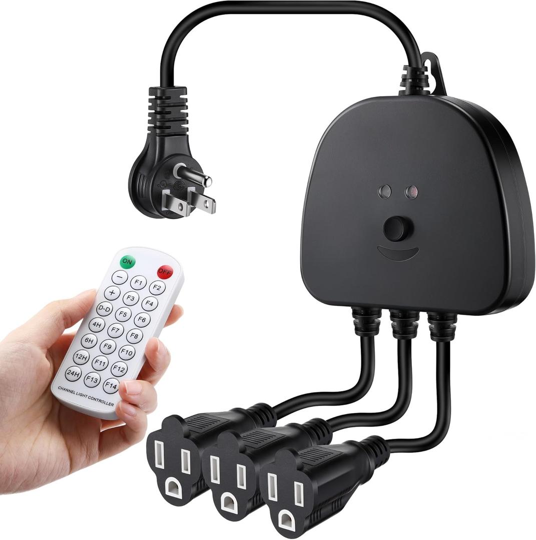 Christmas Light Controller with Remote, Multiple Lighting Effects, Timer, Dusk to Dawn Sensor Control, for Indoor Outdoor Holiday Xmas Lights, Waterproof(3 Channel/14 Functions,Black)