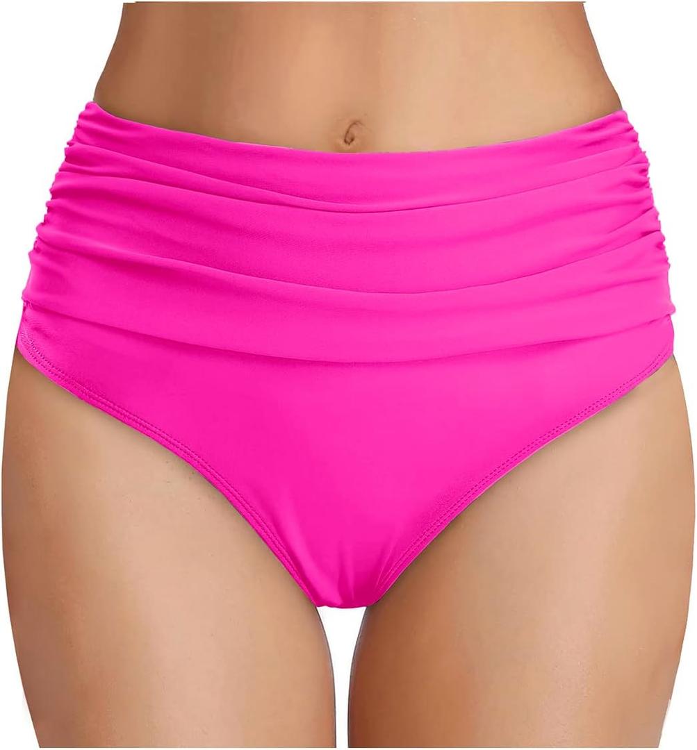 Tempt Me Women's High Waisted Bikini Bottom Tummy Control Ruched Bathing Suit Swim Bottom (Pink) M