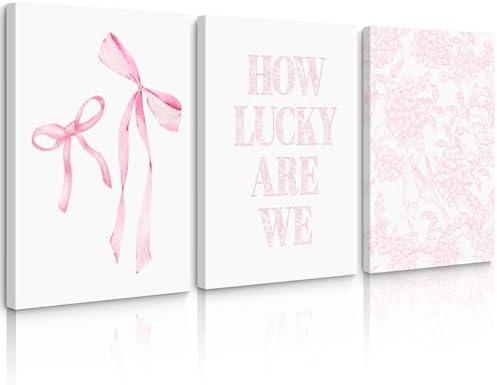 Pink Bow Floral Wall Art Preppy Aesthetic Canvas Wall Decor Trendy Coquette Posters Pink Bow Pictures Chinoiserie Flower Prints Painting for Girls Dorm College Apartment 12x16 Inch Ready to Hang 3Pcs