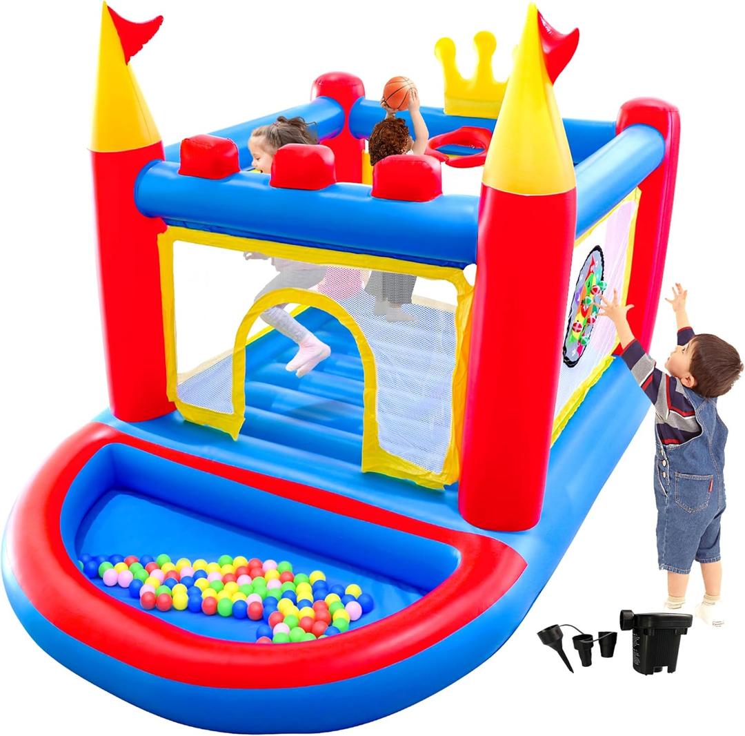 Inflatable Bounce House with Blower, PVC Bouncer for Kids Ages 3-8, Indoor and Outdoor Bouncy Playhouse, Jumping Castle with Pump, Ball Pit, Ringtoss and Target Game, Bouncer for 3 Kids