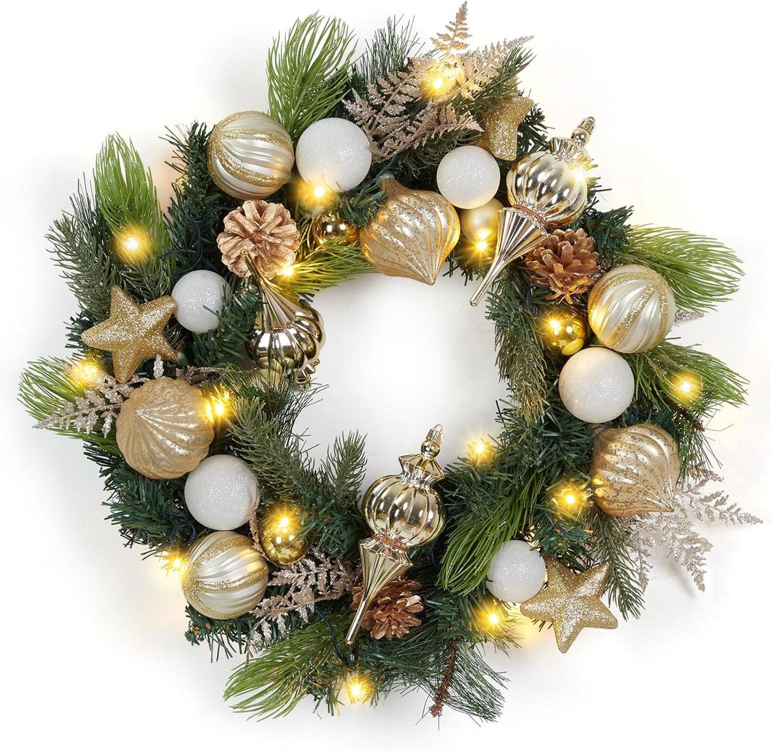 24 Inch Lighted Christmas Wreath with Golden Christmas Balls Ornaments, Pre-lit Xmas Wreath Battery Operated with 20 LEDs Lights, for Front Door Gate Wall Christmas Party Decorations