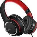 LORELEI X8 Over-Ear Wired Headphones with Microphone with 1.45m-Tangle-Free Nylon Line&3.5mm Plug,Lightweight Foldable & Portable Headphones for Smartphone,Tablet,Computer,Mp3/4(Black-red)