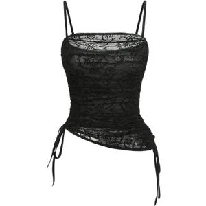 SOLY HUX Women's Ruched Lace Cami Top Drawstring Sleeveless Clubwear Sexy Gothic Tops Plain Black Small