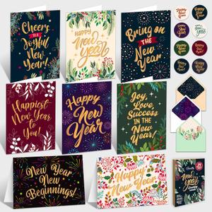 Decorably 24 Pack Gold Foiled 6x4in Happy New Year Cards with Envelopes and Stickers, 8 Elegant Design Happy New Year Greeting Cards with Printed Message Inside