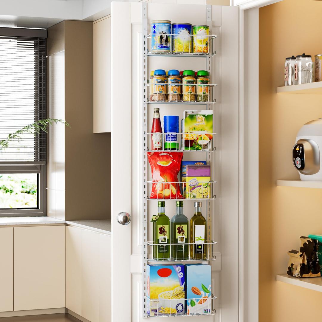 Delamu Pantry Door Organizer, Adjustable Metal Over the Door Pantry Organizer Rack, 6Tier Over the Door Spice Rack, Kitchen Pantry Door Organizers and Storage, D5 W12 H52.1 inch, White, Small