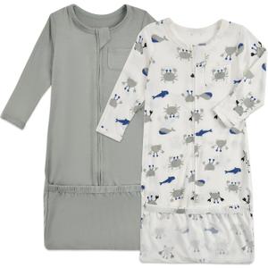 Aablexema Baby Nightgowns Rayon of Bamboo, 2Pcs Newborn Sleeper Gown with 2-way Zipper, Flip Mittens & Foot Cover, Preemie