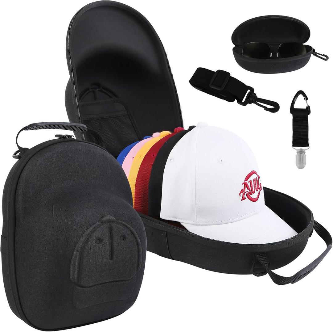 Hat Travel Case, Hard Hat Carrier Organizer with Clip & Glasses Storage, Holds 6 Baseball Caps for Home/Travel - Black