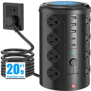Power Strip Tower Surge Protector with 16 Outlets and 5 USB Ports (2 USB-C), 20FT Extension Cord with Multiple Outlets,Heavy Duty Charging Station,Home Office Dorm Room Essentials.No Wireless Charging