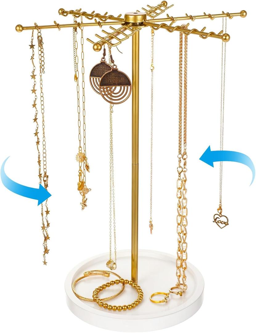 Rotating Necklace Holder Jewelry Stand, Gold Necklace Organizer Display with 48 W-shaped Hooks,Jewelry Organizer for Necklaces Earrings Rings Storage Tree, Presents for Women