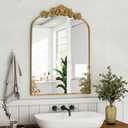 36"x 24" Arched Bathroom Mirror, Wall-Mounted Mirror with Carved Metal Frame & Bottom Art Carved, Vanity Mirror for Home Decor, Hanging Wall Mirror with Baroque Ornate Carved Accents, Vintage Gold (36"L x 24"W)