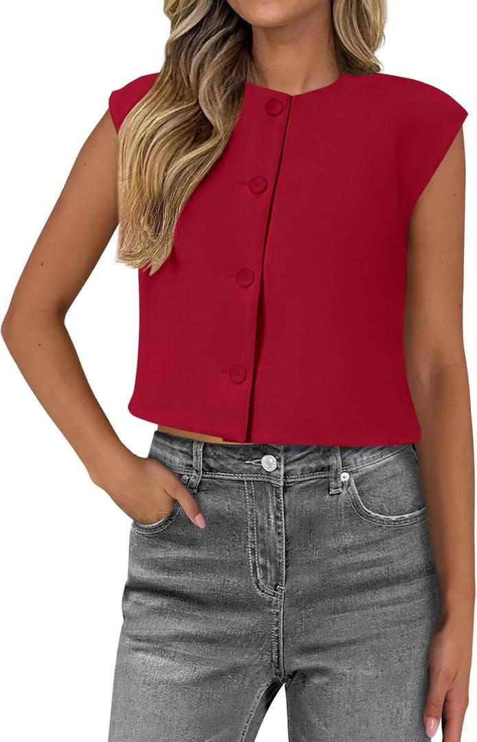 PRETTYGARDEN Women's Suit Vest Crop Tops Spring Summer Dressy Business Casual Work Office Clothes Trendy Blazer Waistcoat (Medium, Red)