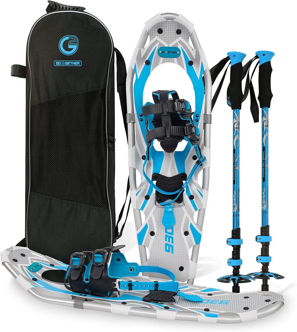 G2 30 Inches Blue Light Weight Snowshoes for Women Men Youth, Set with Trekking Poles, Tote Bag, Special EVA Padded Ratchet Binding, Heel Lift, Toe Box