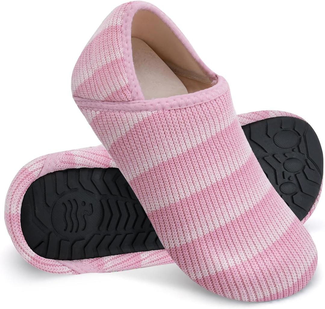 WateLves Womens & Mens Lightweight Cozy Faux Furry House Slippers Rubber Sole Slip On Sock Shoes Foldable Travel Slippers Indoor Outdoor (Stripe/ Pink, 38/ 39)