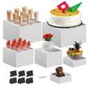 6 PCS 12" to 6.8" White Buffet Risers with Mini Sign and Makers, Large Food Risers for Buffet Table, Display Shelf Stands for Party, Catering, Dessert, Jewelry Collectibles, Nesting Cube Boxes with Hollow Bottoms Set (12",10",9",8",7.5",6.8")