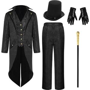 5 Pcs Men's Steampunk Vintage Tailcoat Jacket Gothic Victorian Uniform Halloween Costume Set Top Hat Gold Walking Cane, 4 XL