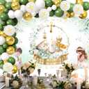 First Communion Baptism Decorations Primera Comunion Decoracion,Nuestra Primera Comunion Backdrop Banner Green and Gold First Communion Balloon Arch,God Bless Bautizo 1st Holy Communion Decor