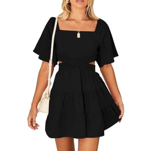 Women's Summer Dresses Square Neck Casual Short Sleeves Elastic Waist Party Mini Dress (Medium, Black)