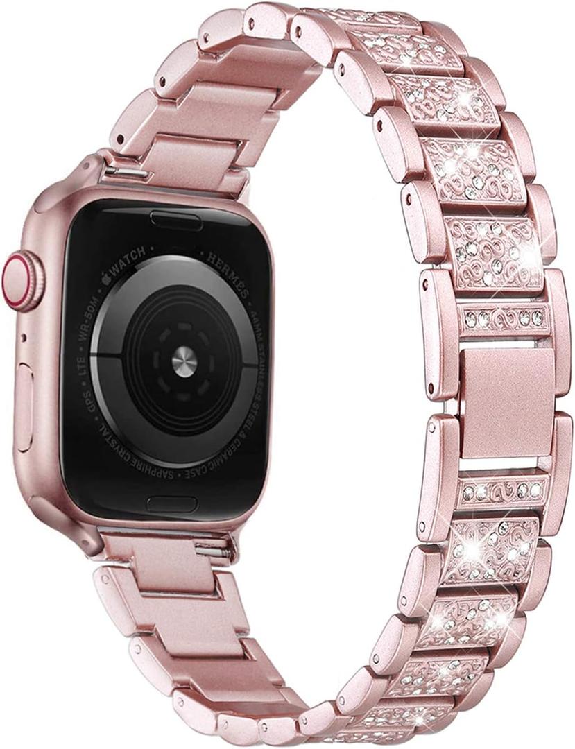 Bling Bands Compatible with Apple Watch Band 42mm/41mm/40mm/38mm Iwatch Series 11/10/9/8/7/6/SE/5/4/3/2/1, Women Metal Rhinestone Dressy Replacement Wristband, Rose Gold