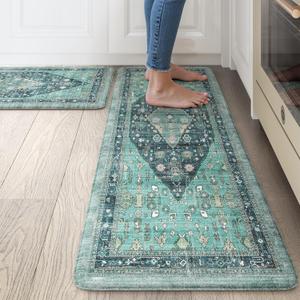 Collive Boho Kitchen Mats for Floor 2 Piece, Cushioned Anti Fatigue Kitchen Floor Mat Non-Skid Waterproof Under Sink Rug, Teal/Multi Comfort Standing Desk Rugs for Office, 17.3"x29"+17.3"x47"