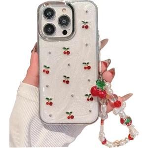 Cute Case for iPhone 14 Pro Max,Red Cherry Pearls with Phone Charm Chain,Pearlized Fruit Case for Women Girls Designed Shockproof