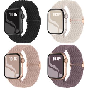 Braided Stretchy Solo Loop Compatible for Apple Watch Band 38mm 40mm 41mm 42mm 44mm 45mm 46mm 49mm for Women Men, Nylon Elastic Straps Wristbands for iWatch Series 10 9 8 7 6 SE 5 4 3 2 Ultra Ultra 2 (Black/Starlight/Nude Pink/Smoke Violet)