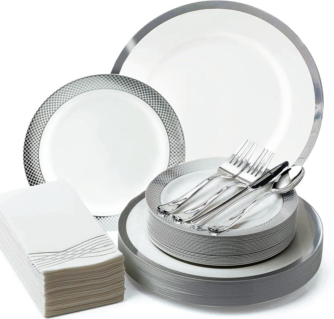 By Madee HEAVYWEIGHT 175 Pc White and Silver Disposable Plates and Utensils Set with Glam Napkins  Fancy Plastic Dinnerware Sets for Weddings, Bridal Showers Any, Special Occasions (25 Guests)