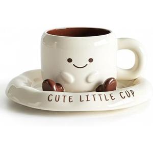 Cute Kawaii 3D Ceramic Mug with Saucer -Smiley Face Coffee & Tea Cup- Fun Aesthetic Gift for Women, Friends & Coffee Lovers - Microwave & Dishwasher Safe