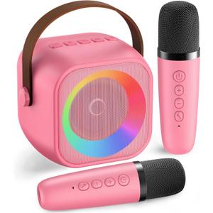 Mini Karaoke Machine with 2 Wireless Microphones for Kids Adults,Portable Bluetooth Karaoke Speaker with Party Lights,Christmas Birthday Gifts for Girls Ages 4, 5, 6,7, 8, 9, 10,12+ Family Home Party (Hotpink 2 Mics)