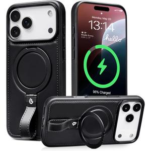 Butaiga for iPhone 17 Pro Max Leather Case with Stand, Anti-Slip Grip Ring, Fits for MagSafe (Black, iPhone 17 Pro Max)