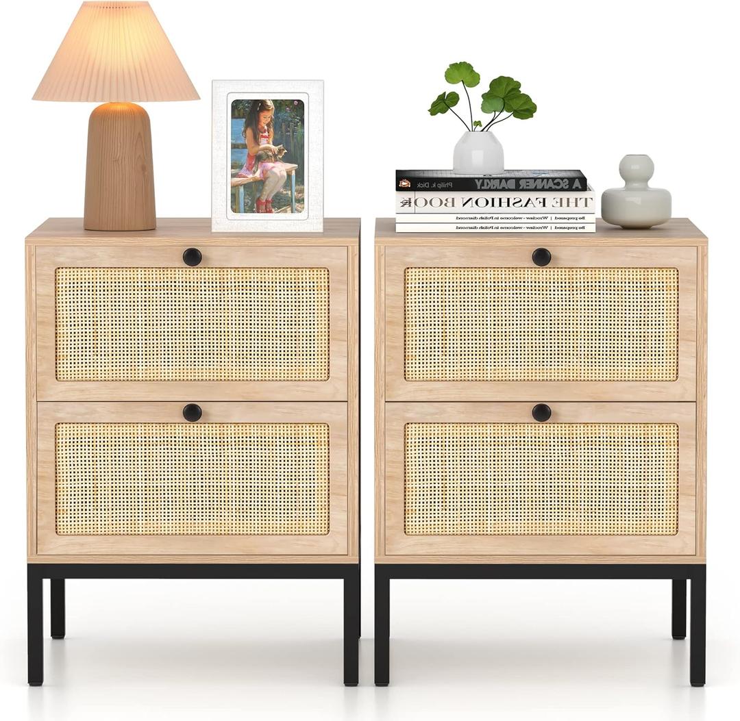 XIAO WEI Natural Rattan Nightstand Set of 2, Boho Night Stand with Drawers, Bedside Table Accent Cane End Table Side Table for Bedroom Living Room, Metal Legs/Small/Natural