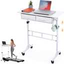 Small Standing Desk with Drawers for Walking Pad, Height Adjustable Rolling Standing Desk, 32in Treadmill Walking Pad Desk on Wheels, Computer/Teacher Desk, Height 27.6"-49.2", White, Compact