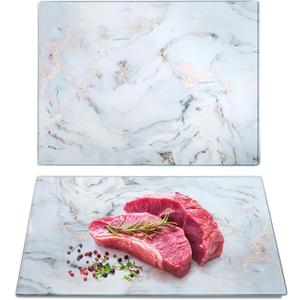 Set of 2 Glass Cutting Board with Marble Pattern, Tempered Glass Chopping Board with Non-Slip Feet, 16"x 12" Large Glass Board for Countertop, Kitchen, Dishwasher Safe