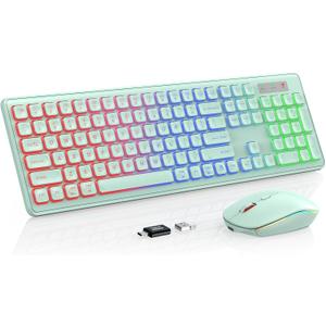 Wireless Keyboard and Mouse Combo - RGB Backlit, Rechargeable & Light Up Letters, Full-Size, Ergonomic Tilt Angle, Sleep Mode, 2.4GHz Quiet Keyboard Mouse for Mac, Windows, Laptop, PC, Mint Green