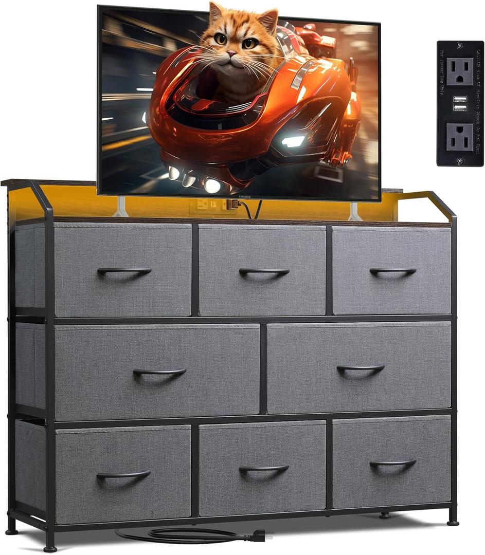 WLIVE Dresser TV Stand with Power Outlets, Led Dresser for Bedroom, Fabric Chest of Drawers with Double Open Shelves, Wood Top, Steel Frame, 6 Drawer Dressers for Closet, Living Room, Dark Grey